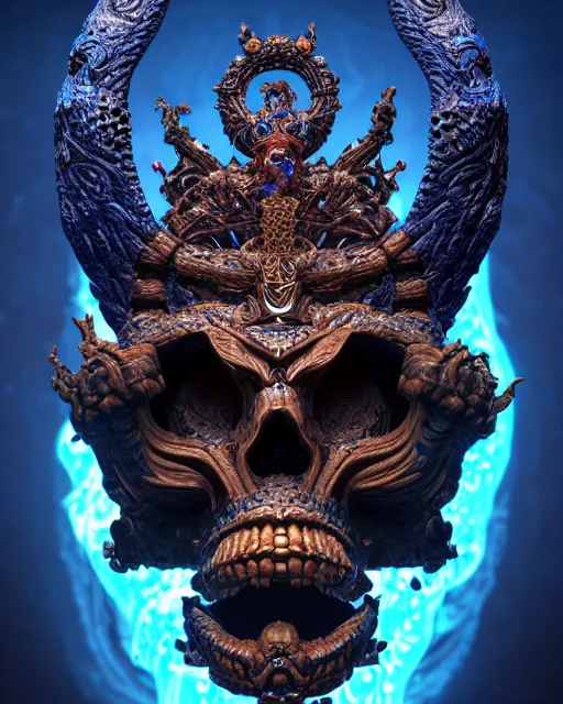 Image similar to 3 d ornate carved dark cosmic king with profile portrait, sigma 5 0 0 mm f / 5. beautiful intricate highly detailed quetzalcoatl skull. bioluminescent, plasma, lava, ice, water, wind, creature, thunderstorm! artwork by tooth wu and wlop and beeple and greg rutkowski, 8 k trending on artstation