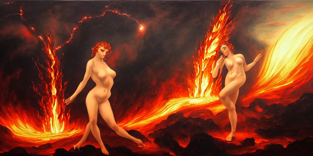 Prompt: terrible goddess of fire, fury in her eyes, risque attire, volcanic eruption fantasy background, meteor shower, large classical painting, oil on canvas