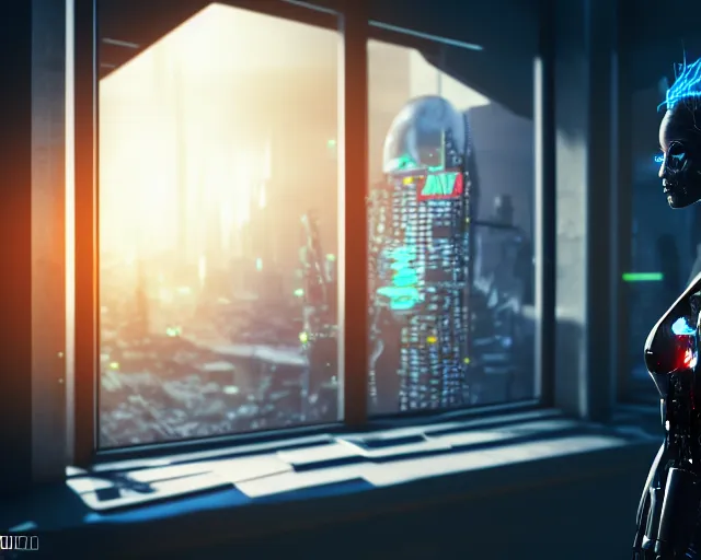 Image similar to a terminator cyborg lady with borg implants and optical fibers is drinking coffee near a window with dystopian city visible outside. very detailed 8 k. cyberpunk style. unreal engine render. global illumination. nanite. rtx. path tracing.