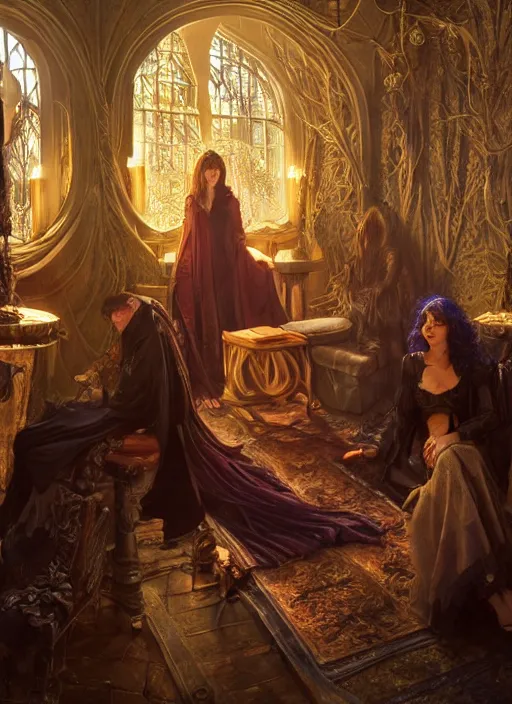 Image similar to mindcontrol inside covens den, intricate wiccan scene detailing, textless, hyperornate wiccan photorealistic mindcontrol, highly detailed, photorealistic, diffuse lighting, hdrp, artstation, unreal 5, smooth, sharp focus, art by john collier, albert aublet, krenz cushart, artem demura, alphonse mucha