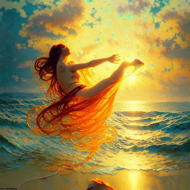 Prompt: backlit ocean waves of glossy kaleidoscopic liquid honey drops flowing like psychedelic translucent amber, lsd waves, lsd ripples, backlit, sunset, refracted lighting, art by collier, albert aublet, krenz cushart, artem demura, alphonse mucha