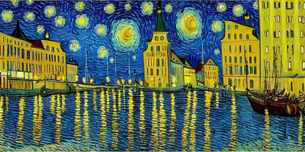 Image similar to a painting of the city of Rostock in the style of Vincent van Gogh, starry night, blue and yellow