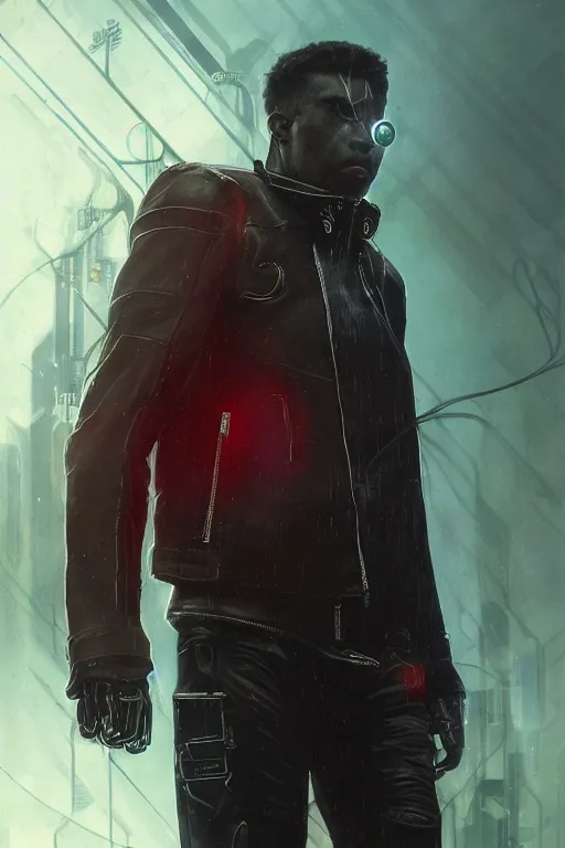 Prompt: head and shoulders render of man black leather jacket mid distance cyberpunk face ((single_glowing_red_eye red_emissives!)) android face mecha, inhuman creepy intimidating, exposed cable bundles black thick Tom Bagshaw and Greg Rutkowski and Alphonse Mucha Bladerunner 2049 screenshot artstation UE5 2066 trending 165mm