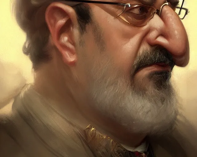 Image similar to portrait of salman rushdie, deep focus, d & d, fantasy, intricate, elegant, highly detailed, digital painting, artstation, concept art, matte, sharp focus, illustration, hearthstone, art by artgerm and greg rutkowski and alphonse mucha