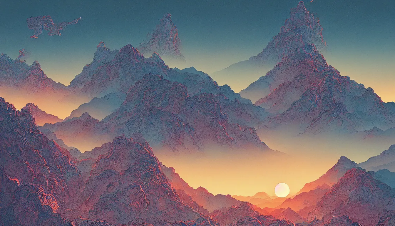 Image similar to sunset in the mountains, chinese ink brush, yukio - e, kilian eng, victo ngai, josan gonzalez