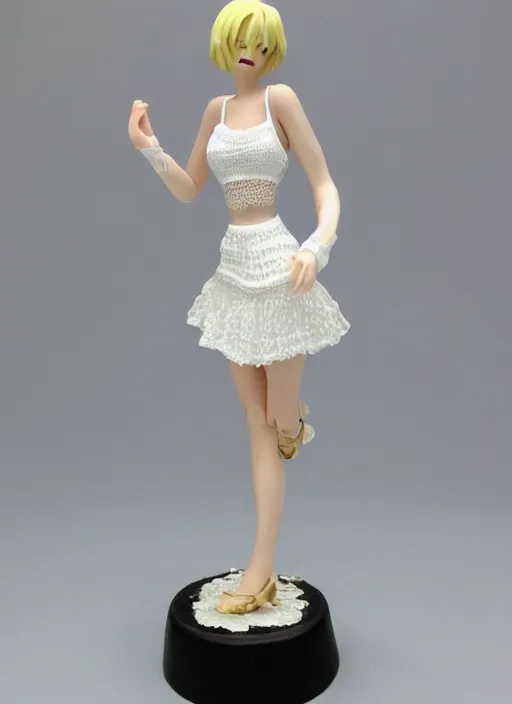 Prompt: Product Introduction Photos, 4K, Full body, 80mm resin detailed miniature of an attractive mature lady in White and short lacy ruffled skirt, Blonde hair