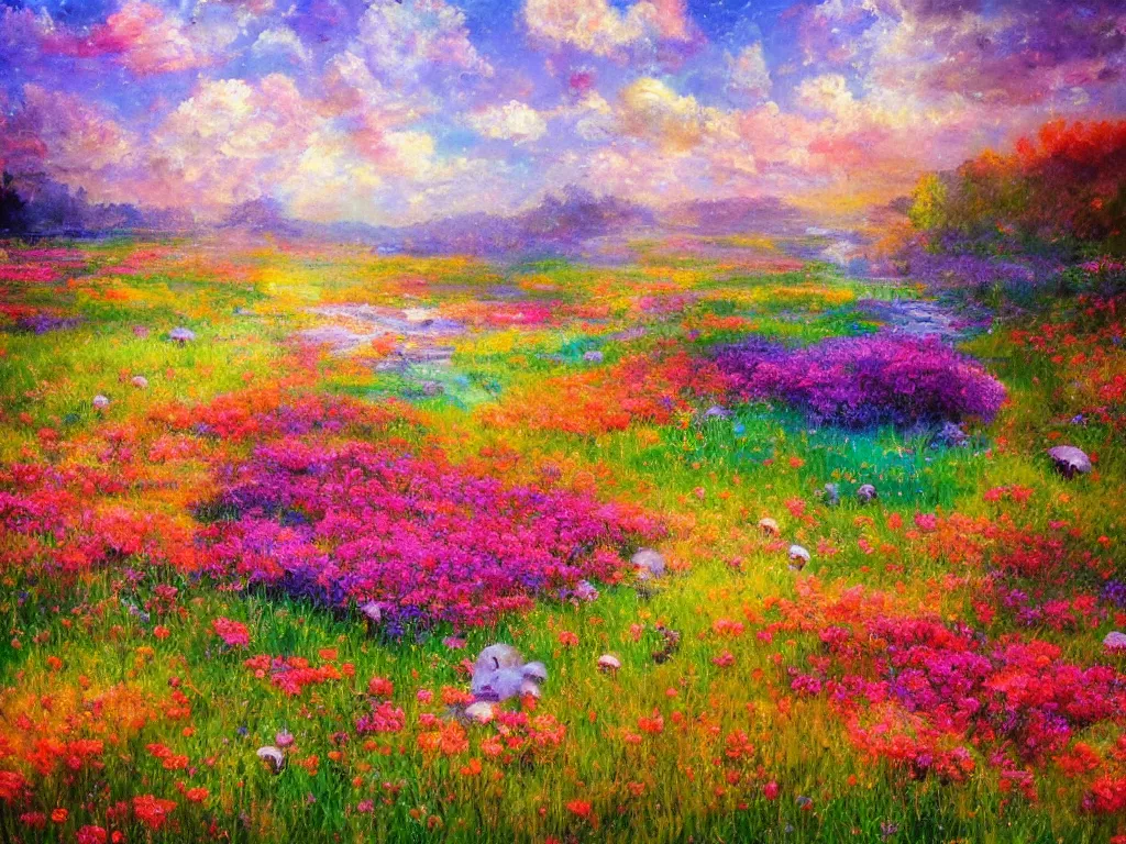 Image similar to an impressionist painting of a gorgeous meadow filled with colorful mushrooms with a stream flowing through it, psychedelic colors, colorful sky in background, high detail, trending on artstation