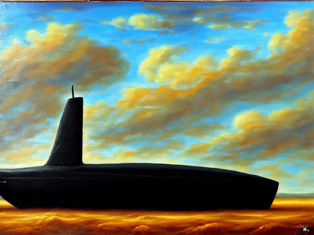 Image similar to an old oil painting of a gothic submarine in a great steppe, trending on artstation