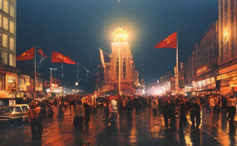 Image similar to 1990s movie still of a yougoslavian street with many pedestrians with stalinist style highrise, Cinestill 800t 18mm, heavy grainy picture, very detailed, high quality, 4k panoramic, HD criterion, dramatic lightning, streetlight at night, rain, mud, foggy, many CCCP flags