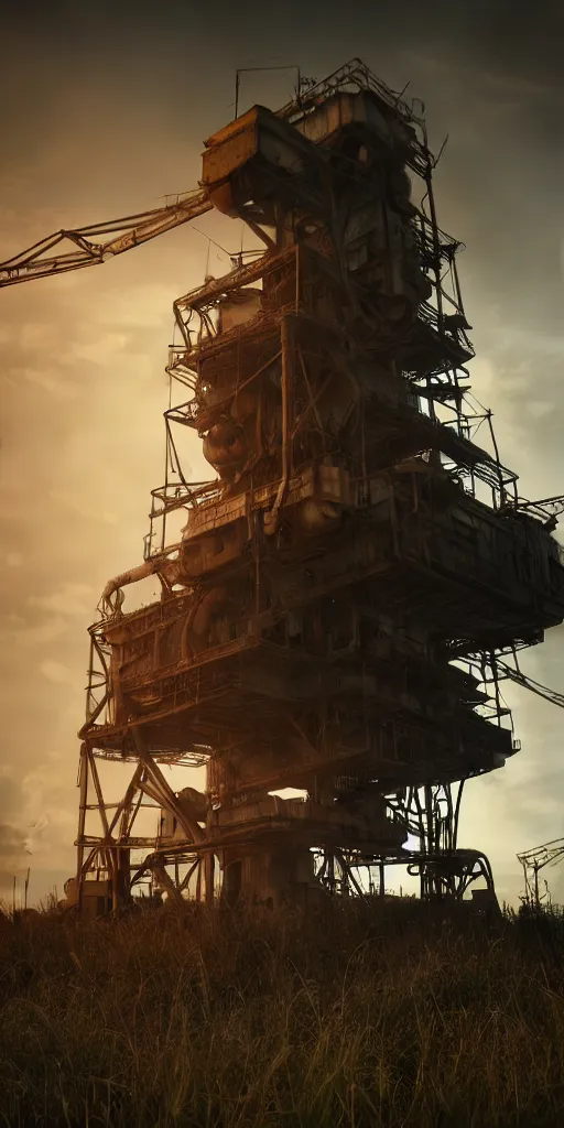 Image similar to post apocalyptic overgrown oil rig, photorealistic, hyperdetailed, studio lighting, octane render, caustics