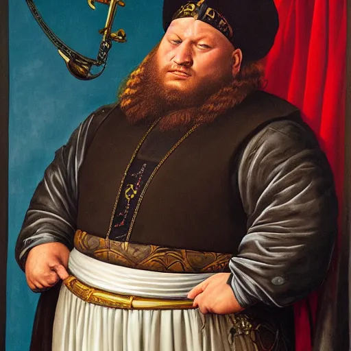 Prompt: portrait of Action Bronson as a medieval Albanian baron, by Kehinde Wiley, Gentile Bellini, and Annie Leibovitz. HD face portrait.