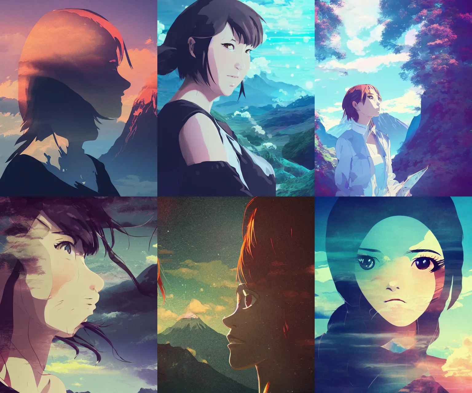 Prompt: woman portrait double exposure mountain, anime scenery in the style of makoto shinkai and leiji matsumoto