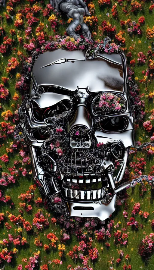 Image similar to destroyed terminator lying in a field of flowers, twisted metal, chrome, reflections, anthropomorphic, photorealism, smoke, metal, 8 k, surreal, wires, smooth, sharp focus, top view, extremely detailed, hyperrealism, elegant, establishing shot, by jeff koons, artgerm and greg rutkowski