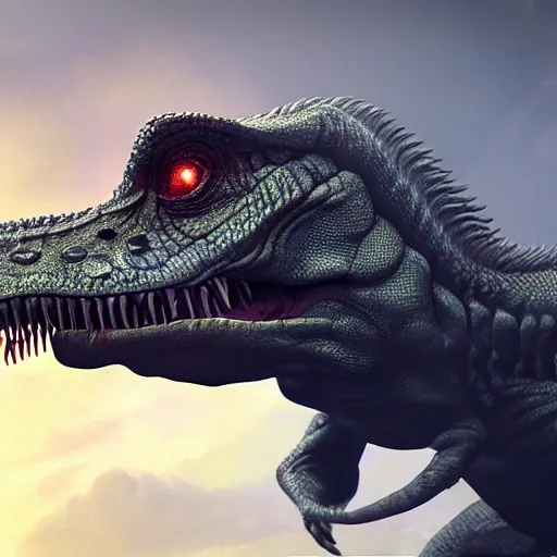 Image similar to anthromorphic reptile looking like a t-rex, digital art, matte painting, 4K, !!coherent like Dall-E 2!!