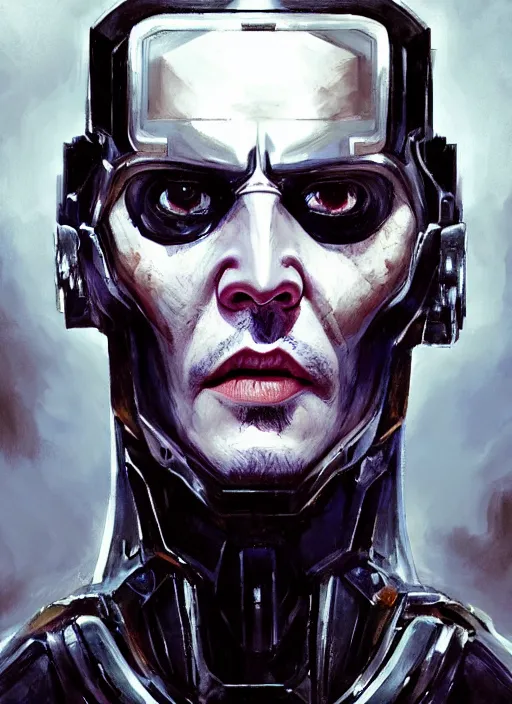 Image similar to johnny depp as victor stone, full body concept, cyborg, borg, strogg, face of a man, terminator, flesh, quake strogg, doom demon, wolfenstein, monstrous, powerful, symmetry, symmetrical, concept art by ruan jia and greg rutkowski