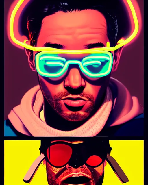 Image similar to pop art mixed with neo - noir artsyle, hyper - realistic detailed portrait of a man in a hoodie, with neon visor, by atey ghailan, by greg rutkowski, by greg tocchini, by james gilleard, by joe fenton, by kaethe butcher, sharp focus