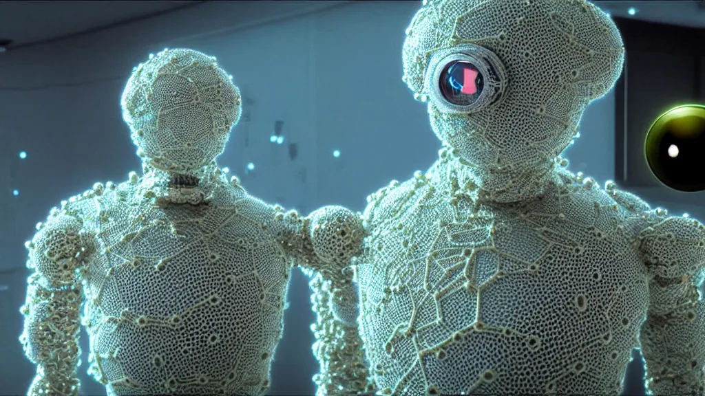 Image similar to a cybernetic symbiosis of a single astronaut mech-organic eva suit made of pearlescent wearing knitted shiny ceramic multi colored yarn thread infected with diamond 3d fractal lace iridescent bubble 3d skin dotted covered with orb stalks of insectoid compound eye camera lenses floats through the living room, film still from the movie directed by Denis Villeneuve with art direction by Salvador Dalí, wide lens,kevlar,carbon fiber,ceramics,gaseous materials,