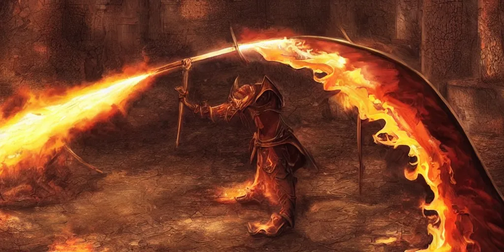 Prompt: a legendary longsword engulfed in spiral of flames, its handle is made out of dragon skin,