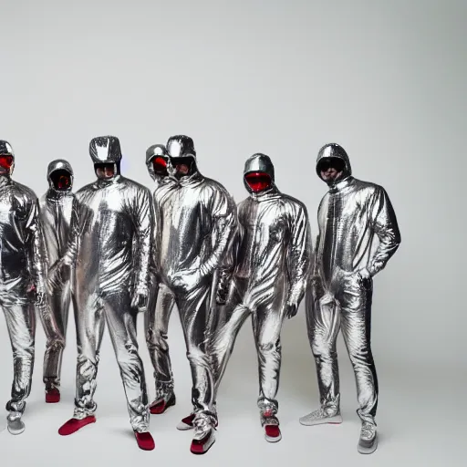 Prompt: unsplash contest winning photo, a giant crowd of men in full - body shiny reflective silver latex suits including masks and pants and shirts, inside a colorful dramatic unique rocky western landscape, low fog, neon light tube