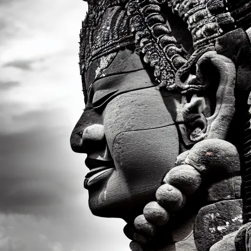 Image similar to angkor thon, asuras, giant, left profile, photorealistic, photography hight quality, sharp, stones, award winning photography, canon, thierry rouzier