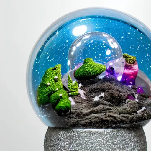 Prompt: alien planet, lush with fluorescent mushrooms encapsulated in a snow globe, high detail, photorealistic