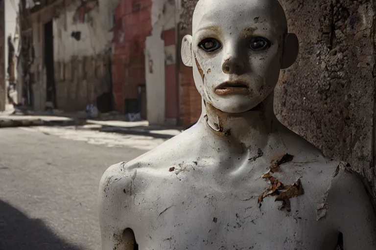 Image similar to vfx movie scene dilapidated mannequin in war torn street, natural lighting closeup by emmanuel lubezki