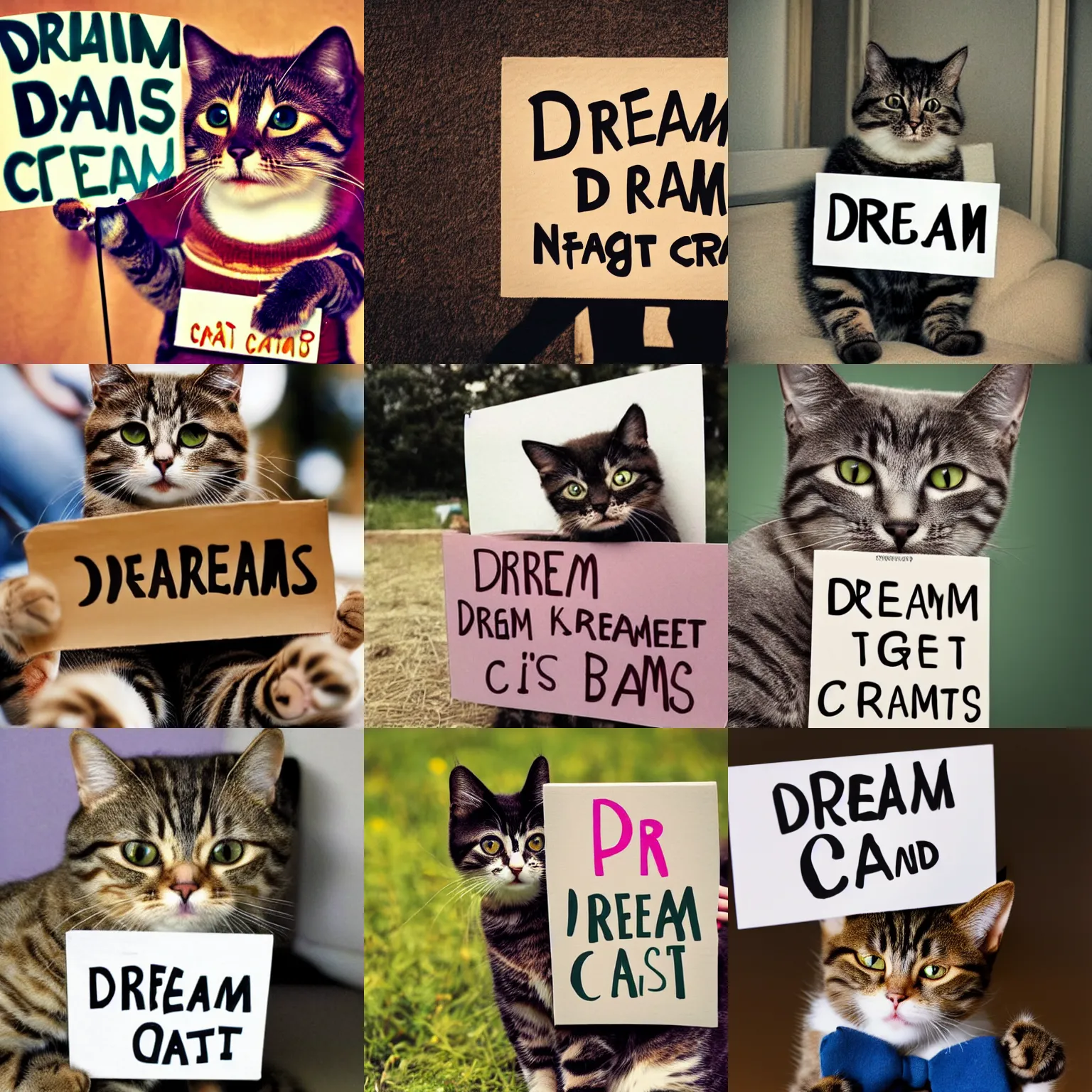 Image similar to realistic high quality photo of a cute cat holding a sign with text that reads : dream cats