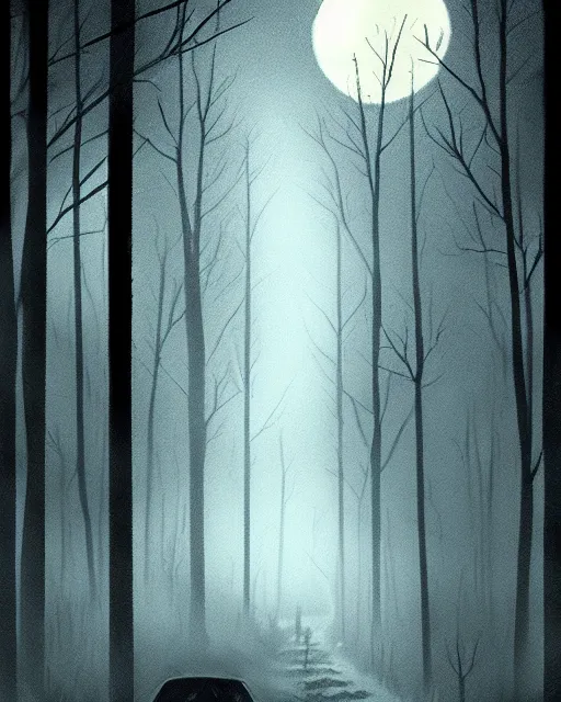 Prompt: horror image, a wooded lane lit only by the moon, on the lane is a black fiat from hell, black Philip, staring at you, concept art, ambient lifting, trending on artstation, deviantart