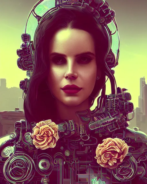 Image similar to portrait of lana del rey as a cyberpunk cyborg. roses, sci - fi, intricate abstract upper body intricate artwork, by tooth wu, wlop, beeple, dan mumford. concept art, octane render, deviantart, greg rutkowski, cinematic arthouse, key art, hyper realism, iridescent accents