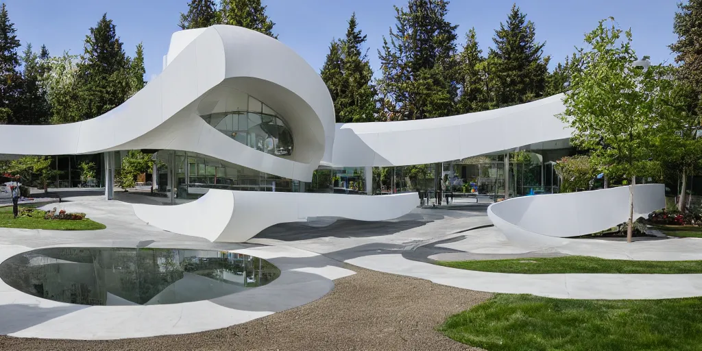 Image similar to residence in the style of seattle's pacific science center, white crisscrossing arches, fountains