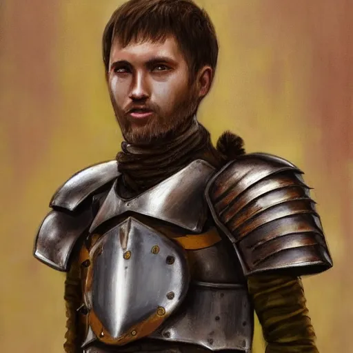 Image similar to realistic painting character portrait young scarred captain knight with a steel breastplate, short brown hair and stubble. straight nose, brown eyes, lean face and build. fighting with a longsword, no helmet. hyper detailed