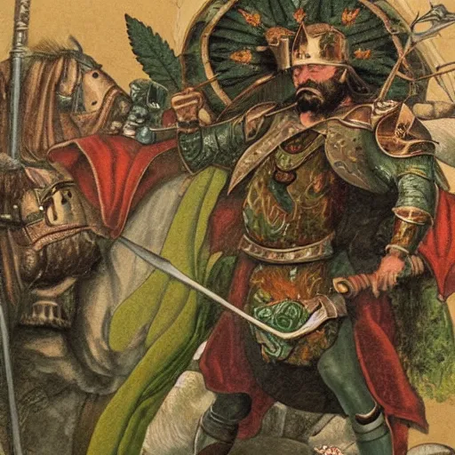 Prompt: a photo of an old man in a regal set of armor depicting a marijuana leaf on the chest. He is holding a mystic battle axe and he’s outside surrounded by horses