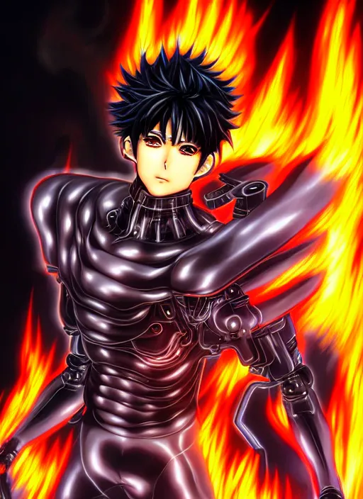 Prompt: a detailed manga full body portrait illustration of a dark haired cyborg anime man surrounded by fire by hirohiko araki, detailed artwork, realism, 4 k resolution, detailed, high quality, sharp focus, hq artwork, insane detail, volumetric lighting, character concept art, fine details, clear subject, central subject