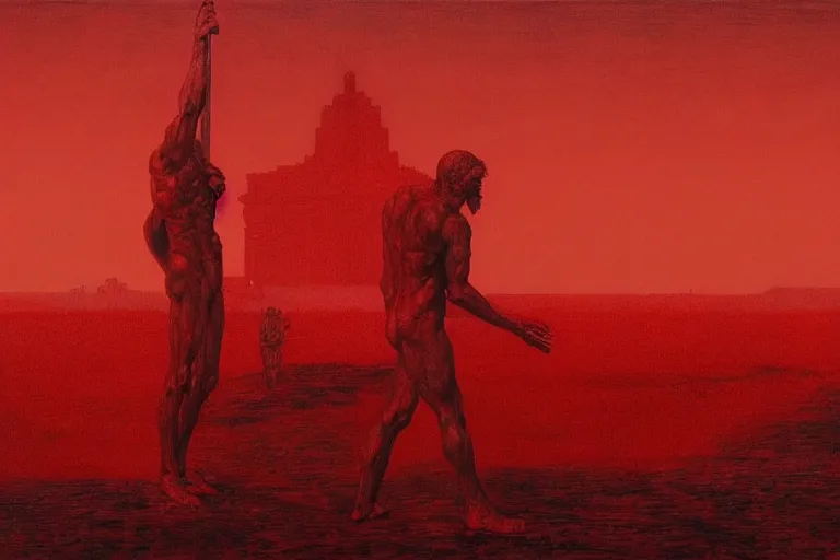 Image similar to only with red, caesar after war, a red tiger, in hoc signo vinces, rome in background, an ancient path, in the style of beksinski, part by hopper, part by rodcenko, part by hofbauer, intricate composition, red by caravaggio, insanely quality, highly detailed, masterpiece, red light, artstation