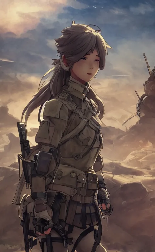 Image similar to panoramic view, a soldier girl, soldier clothing, battlefield in background, anime style, hair down, symmetrical facial features, from arknights, hyper realistic, 4 k, extreme detail, detailed drawing, trending artstation, safebooru, realistic lighting, by alphonse mucha, greg rutkowski, sharp focus