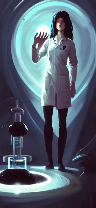 Image similar to a portrait art of a female scientist in a laboratory holding a black hole in her hands, style by jordan grimmer and greg rutkowski, concept art, stylised, elegant, illustration, high quality, highly detailed, long hair, digital art, pinterest