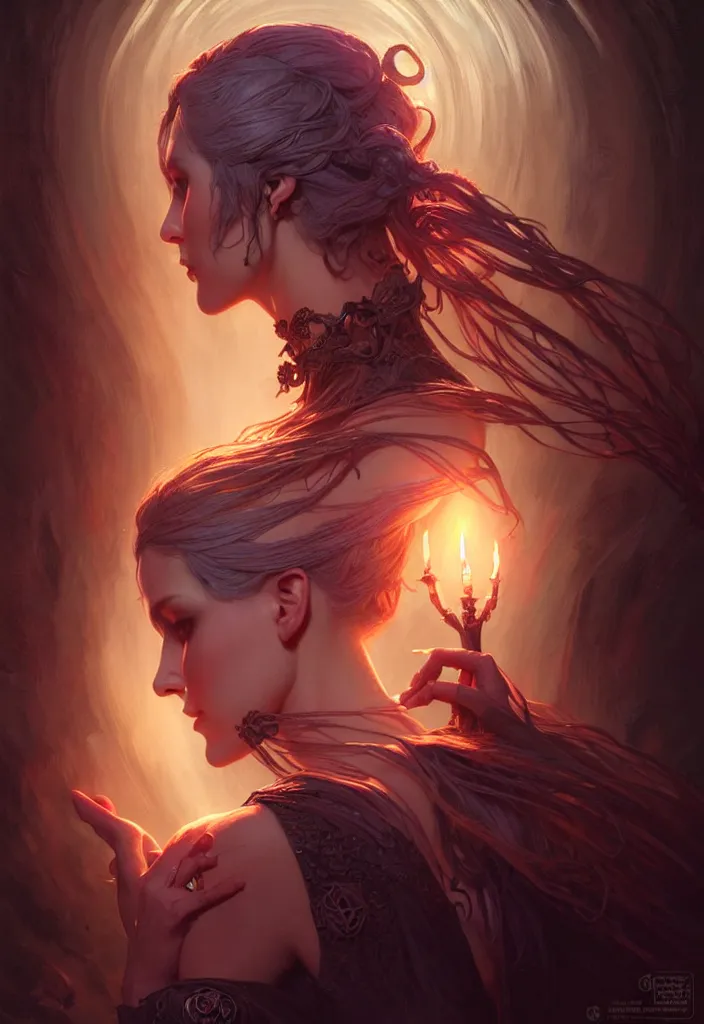 Image similar to Necromancer Sorceress face in center, fantasy magic, undercut hairstyle, dark light night, intricate, elegant, sharp focus, illustration, highly detailed, digital painting, concept art, matte, art by WLOP and Artgerm and Greg Rutkowski and Alphonse Mucha, masterpiece