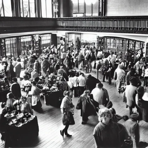 Image similar to A beautiful photograph of a large room with many people in it. There is a lot of activity going on, with people talking and moving around. The room is ornately decorated and there is a large window at one end. by Bruce Davidson