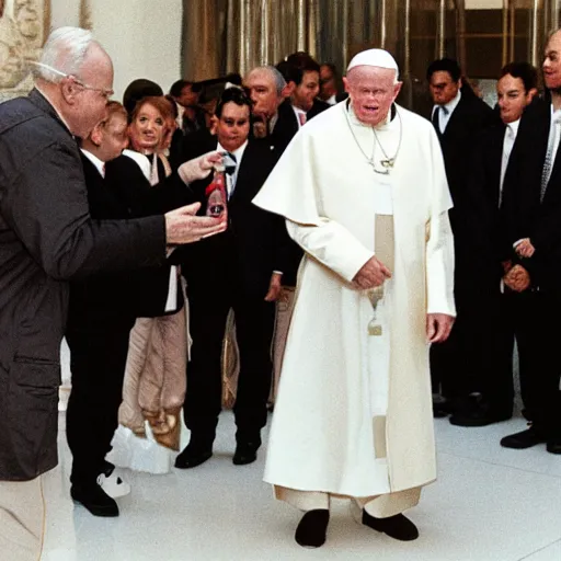 Image similar to john paul ii holding a yeezy sneaker, admiring it