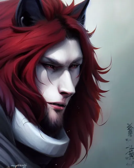 Image similar to character concept art of a black anthropomorphic furry male wolf long red hair | | cute - fine - face, pretty face, key visual, realistic shaded perfect face, fine details by stanley artgerm lau, wlop, rossdraws, james jean, andrei riabovitchev, marc simonetti, and sakimichan, trending on artstation