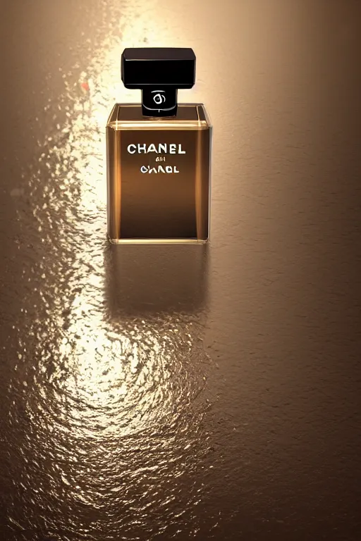 Image similar to Chanel no. 5 square bottle, levitating, over pool of liquid, inside cathedral, baroque, low shot, telephoto lens, dramatic, cinematic, glints of light, god rays, atmospheric, rendered in Unreal engine 5