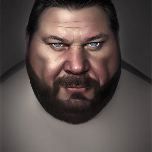 Image similar to portrait of a half fatman half pig with long hair tied in a ponytail, light stubble with red shirt ,digital art,photorealistoc,art by greg rutkowski,hyperdetailed,western comic style,comic,comic style,sharp lineart,professional lighting,deviantart,artstation,trevor henderson,rossdtaws,cinematic,dramatic