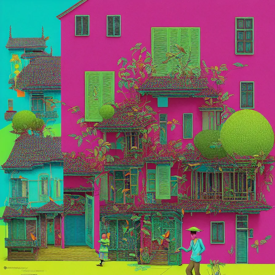 Prompt: surreal glimpse into other universe, peranakan house, summer morning, very coherent and colorful high contrast, art by!!!! gediminas pranckevicius!!!!, geof darrow, floralpunk screen printing woodblock, dark shadows, hard lighting, stipple brush technique,