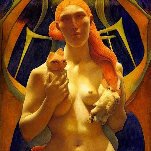 Image similar to polychrome cat sculpture from a lost civilization, by annie swynnerton and diego rivera and nicholas roerich and jean delville and charlie bowater, symbolist, dramatic lighting, god rays, art brut, rich colors, smooth sharp focus, extremely detailed, adolf wolfli and ( donato giancola and bilibin )