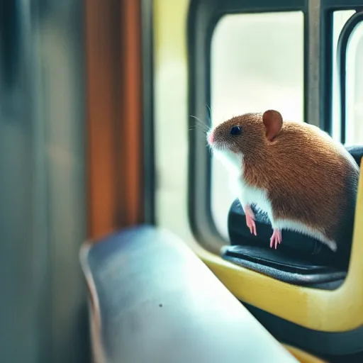 Image similar to photo of a train interior, a brown hamster is sitting on a seat in a train, various poses, unedited, soft light, sharp focus, 8 k