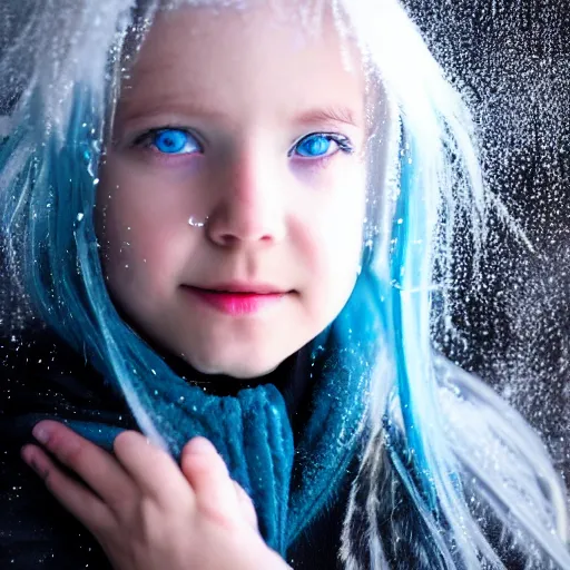 Prompt: ice dust around a frozen girl with white hair and blue eyes