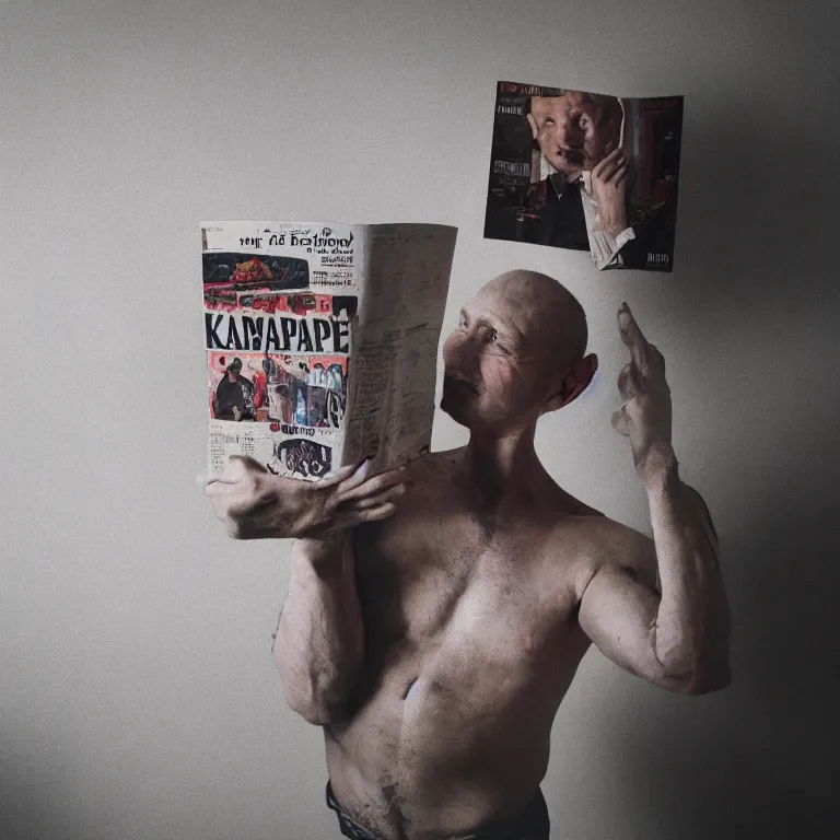 Prompt: realistic exposed expired fuji film portrait of a man holding up a magazine named kampanje, hyperrealism, hypermaximalism, photorealistic, detailed, atmospheric, 8 k, award winning photography, cinematic