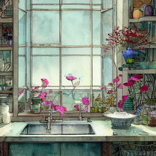 Image similar to a beautiful intricate watercolor illustration of a kitchen, flowers, leaves, 4 k, ultra - wide angle, by william turner, by victo ngai, by moebius, by gustave dore, hd, trending on artstation, hyper detailed, muted intense colors