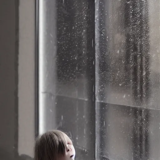 Image similar to girl looking at rainy window, fine art style, octane render, hyper realistic, hi definition, unreal engine, fantasy theme, 8 k