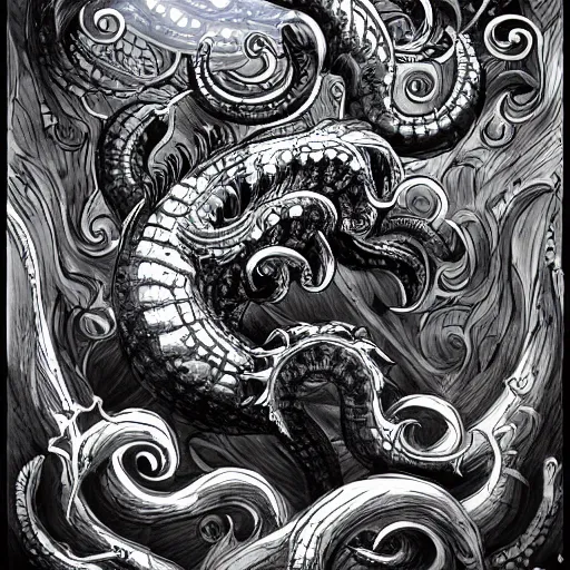 Prompt: black and white art deco style ink drawing of detailed A blue Kraken in the sea, highly detailed, fantasy art, in the style of greg rutkowski, illustration, epic, fantasy, intricate, hyper detailed, artstation, concept art, smooth, sharp focus, ray tracing